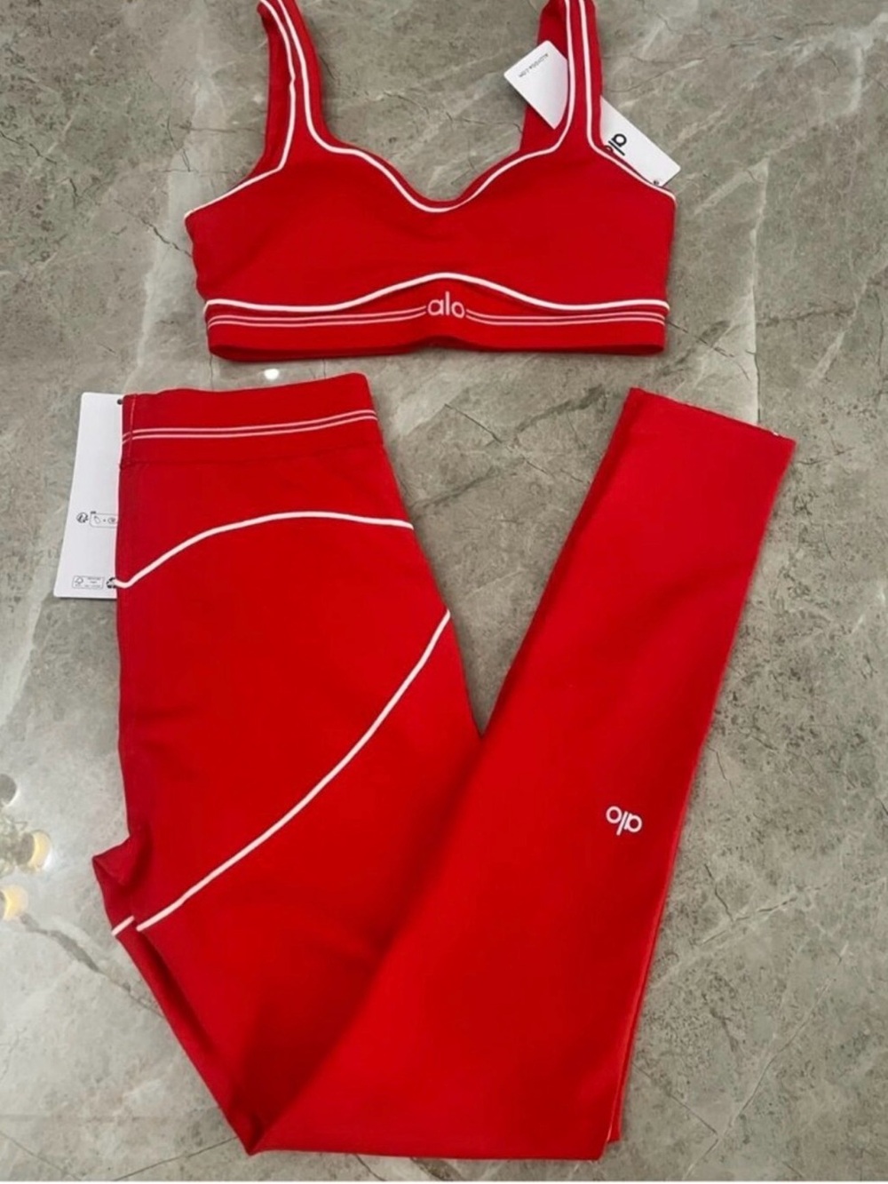 ALO Yoga Red Sports Bra and Matching Leggings with White Piping